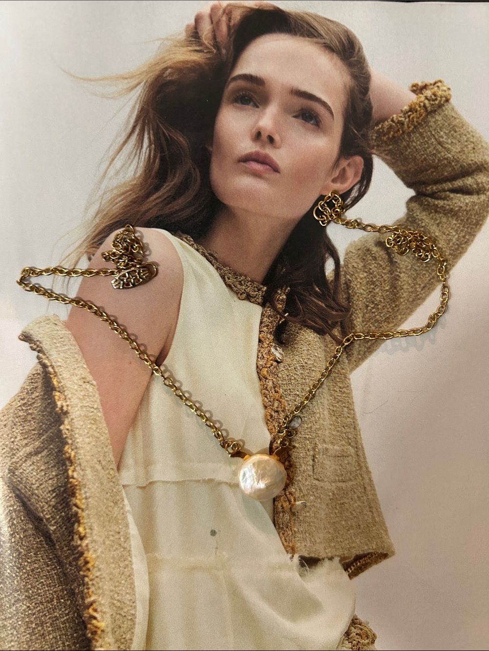 Gold Chain Necklace with Cream Pearl Pendant - Women Jewelry